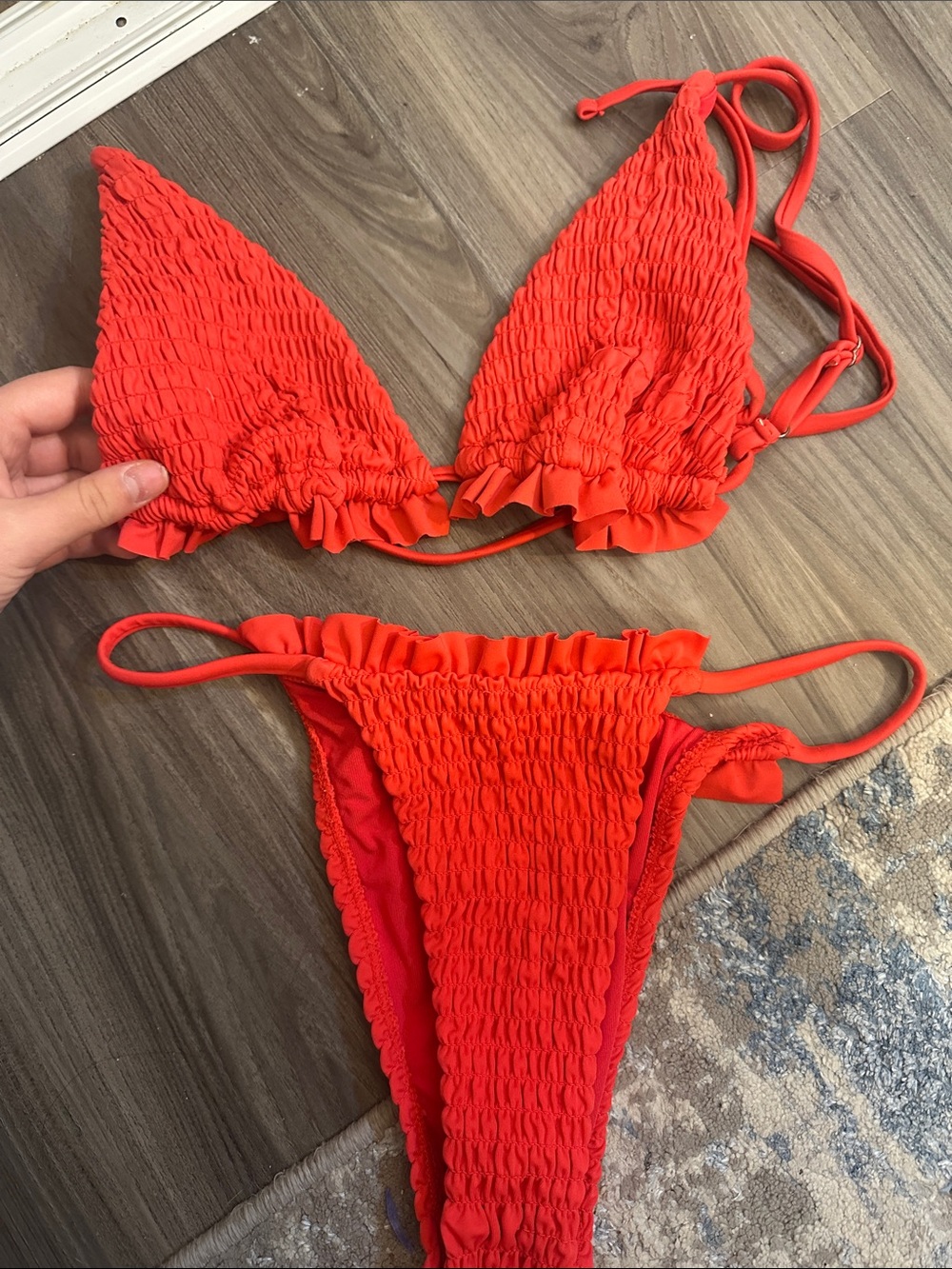 Topshop Smocked Ruffle Triangle Bikini Set - Coral Red